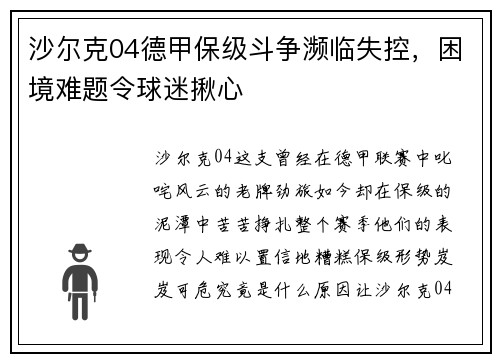 沙尔克04德甲保级斗争濒临失控，困境难题令球迷揪心