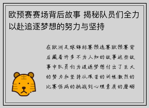 欧预赛赛场背后故事 揭秘队员们全力以赴追逐梦想的努力与坚持