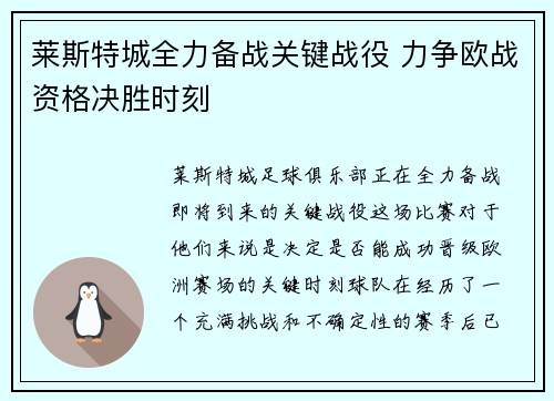 莱斯特城全力备战关键战役 力争欧战资格决胜时刻