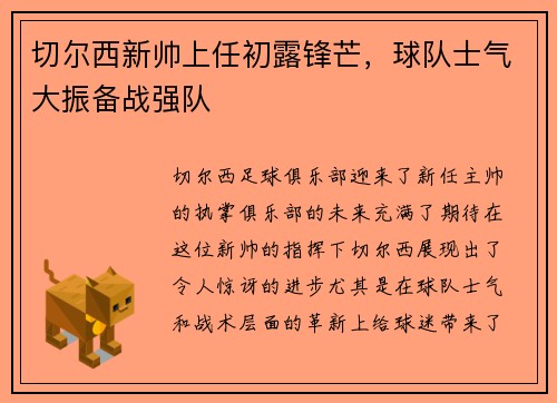 切尔西新帅上任初露锋芒，球队士气大振备战强队