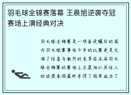 羽毛球全锦赛落幕 王晨旭逆袭夺冠 赛场上演经典对决