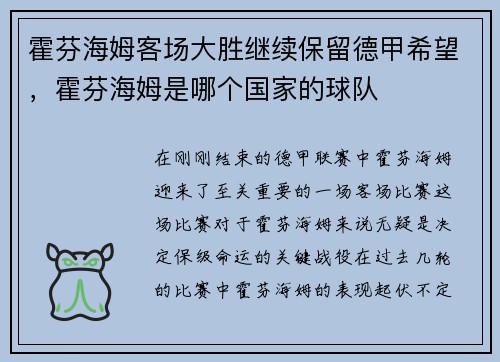 霍芬海姆客场大胜继续保留德甲希望，霍芬海姆是哪个国家的球队