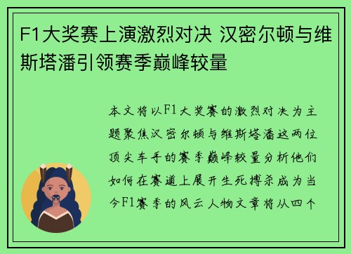 F1大奖赛上演激烈对决 汉密尔顿与维斯塔潘引领赛季巅峰较量
